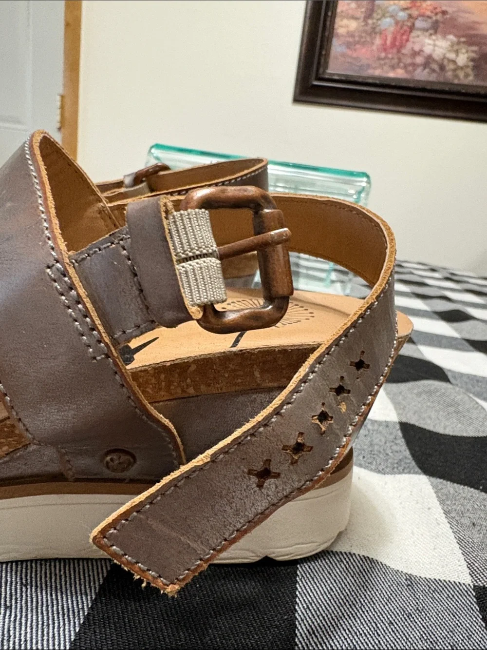 OTBT Boathouse Sandals Silver Brown Leather T-Strap Thong Platform Wedge 6.5